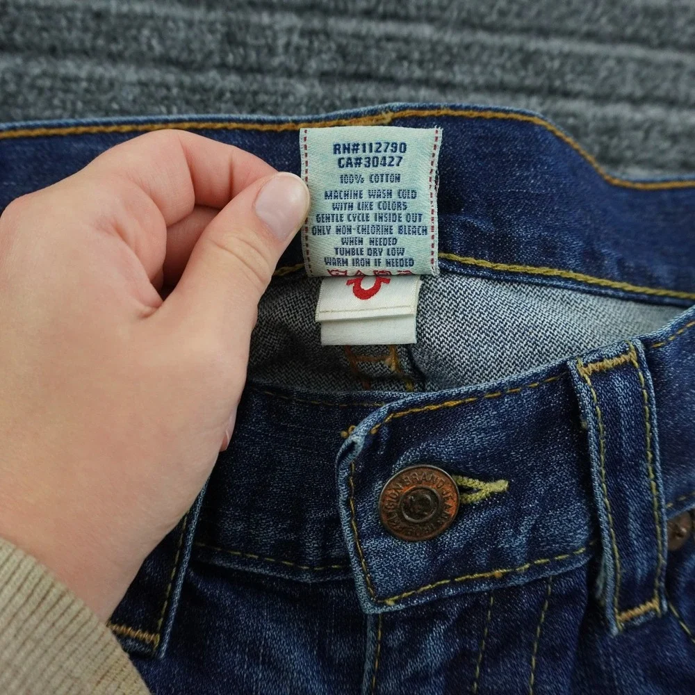 True Religion Billy Jeans Mens 34 Blue Distressed Ripped Straight Leg USA Made